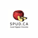 Richly colored logo featuring an apple and banana, emphasizing organic, fresh produce from local Indian grocers in Toronto.