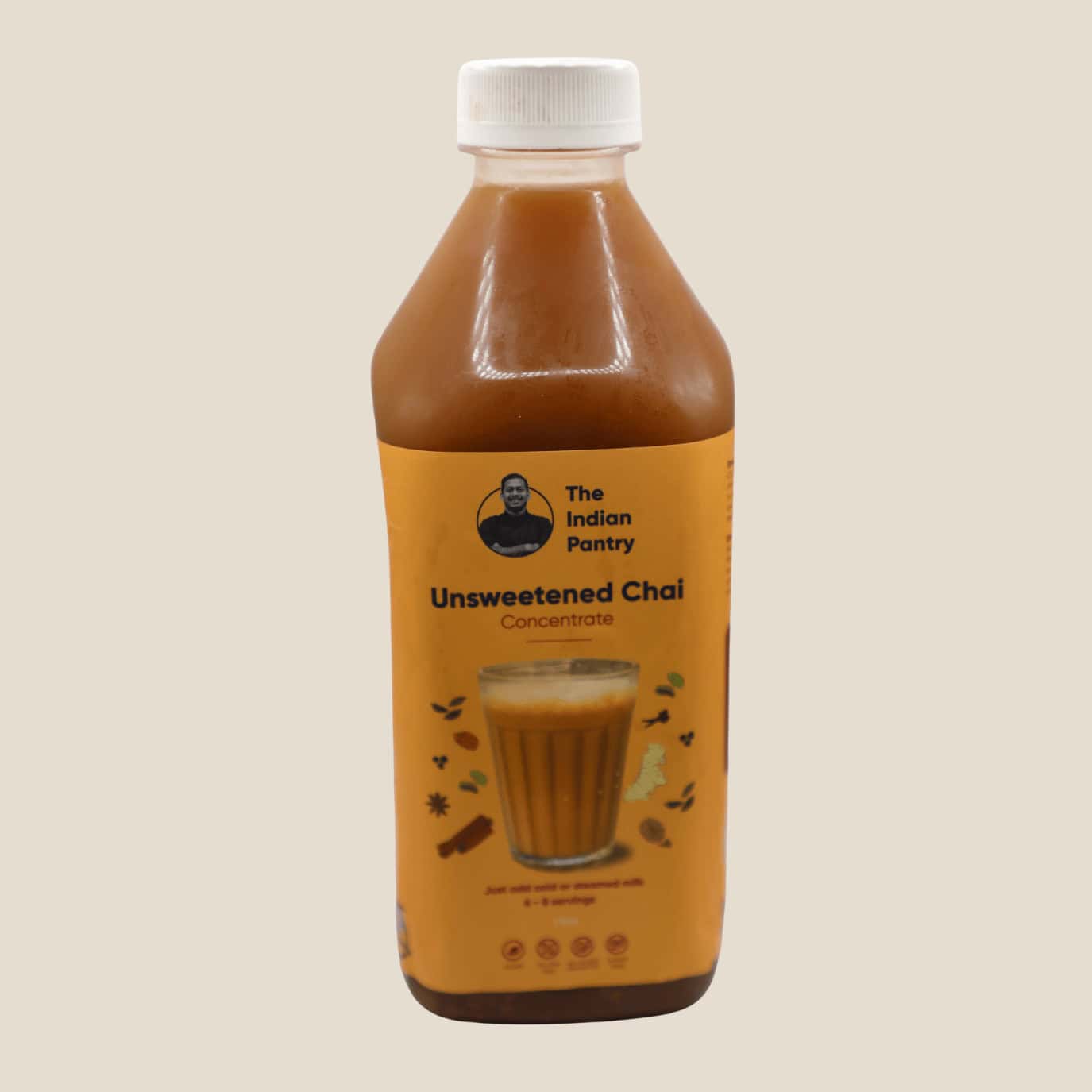 REFRIED chai concentrate bottle with label featuring a glass of chai and Indian spices, ideal for making authentic Indian chai at home.